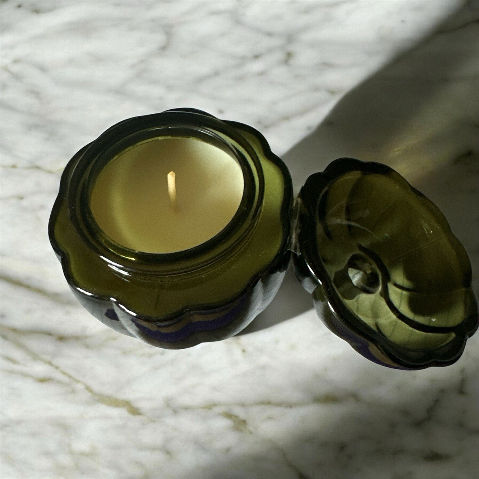 New Green Glass Pumpkin Candle Jar w Lid Fall Autumn Halloween Decor 3”