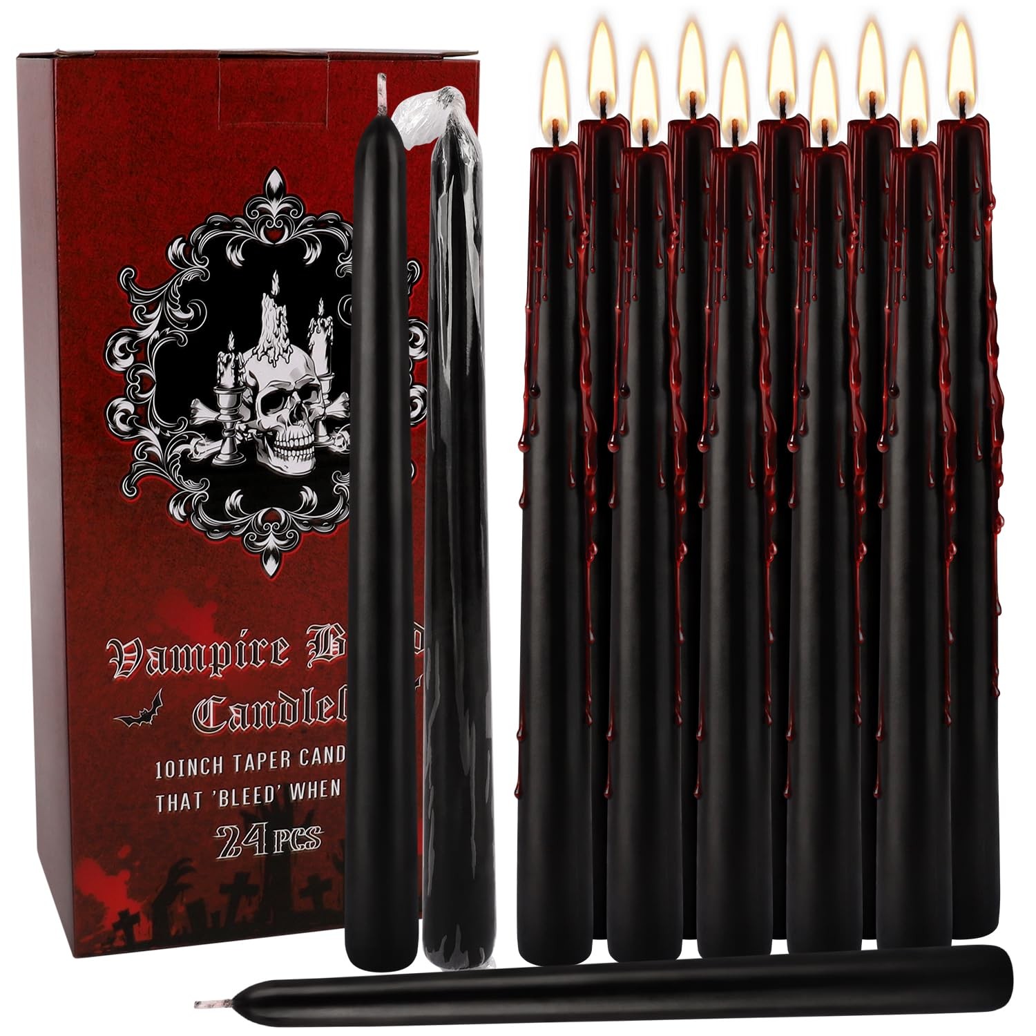 24 Pack Vampire Tears Taper Candles, 10 inch Tall Bleeding Candles, Unscented Bl