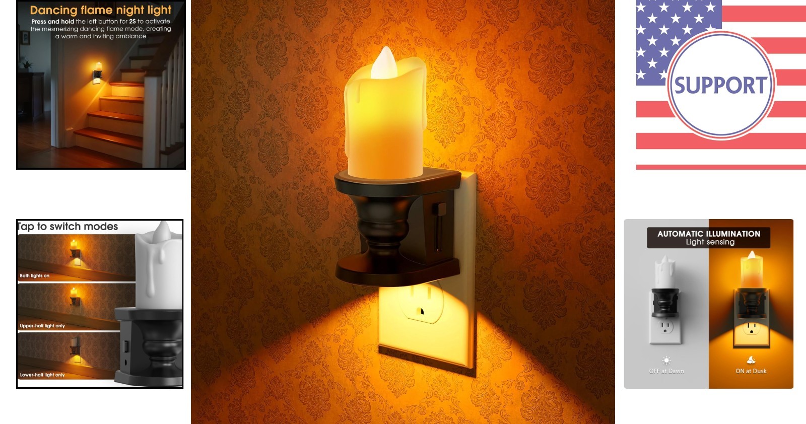 Flameless Plug-in Candle Night Light Set – Warm Amber Glow, 2 Adjustable Modes