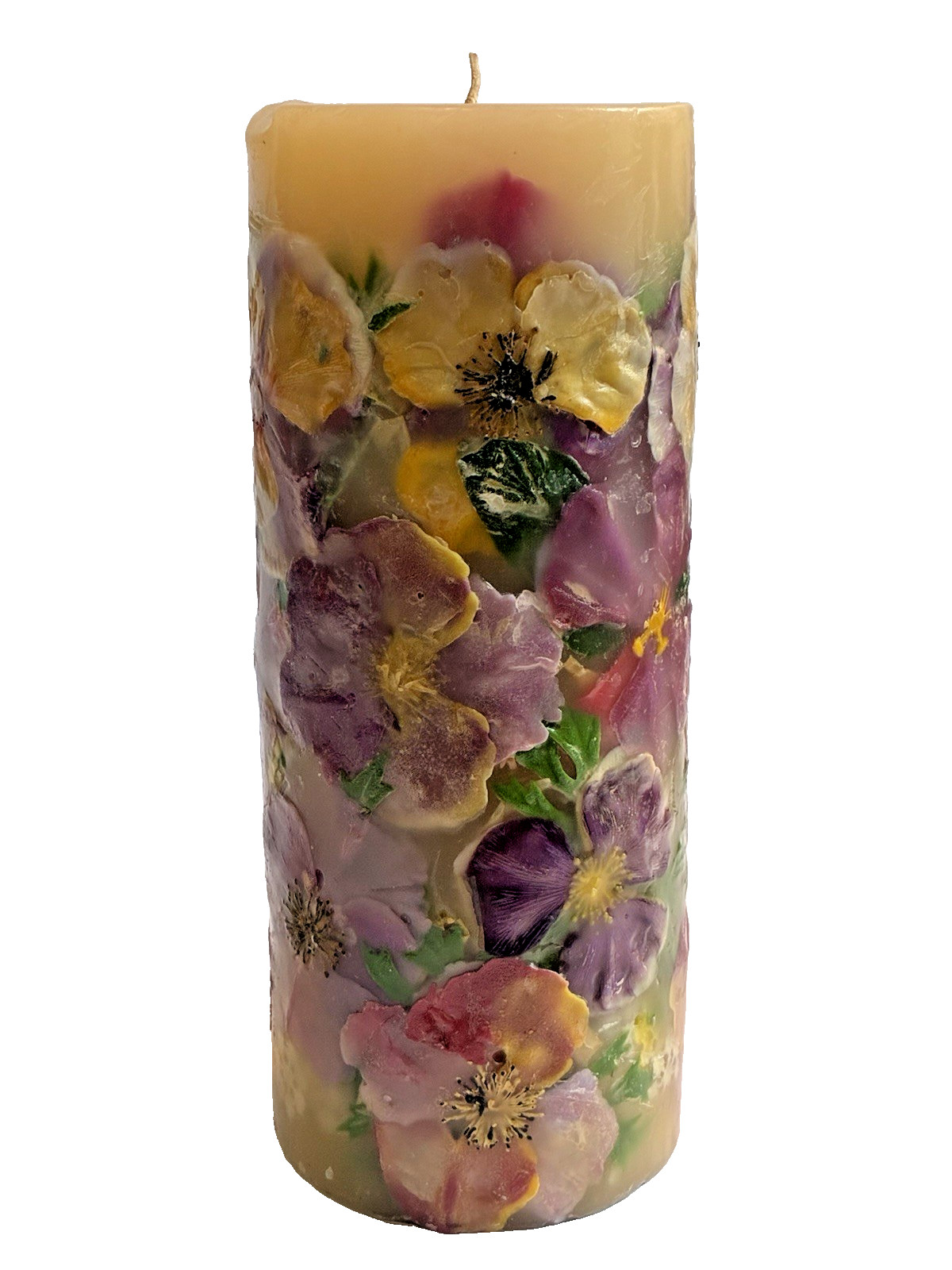 Botanical Decorative Pillar Candle w/Embedded Dried Flowers & Leaves 9.5″ Heavy