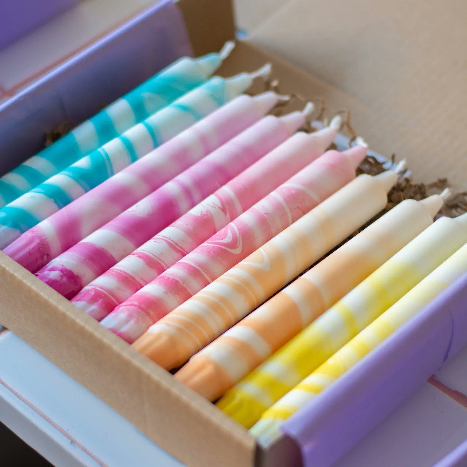 Marble Rainbow Taper Candles 10-Pack 8in Nordtrice Handmade Natural Wax Gift Set