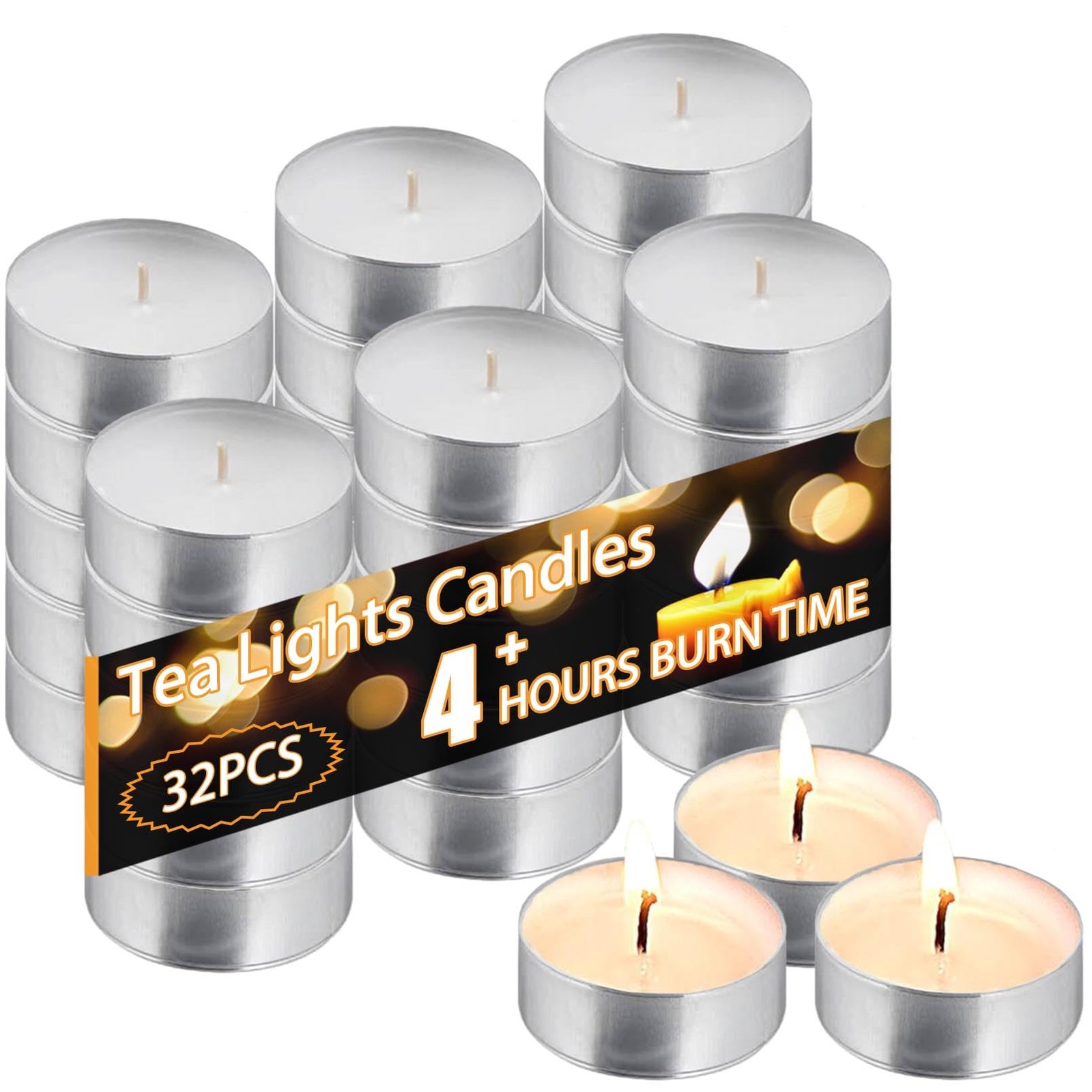 Tea Light Candles 32Pcs, 4 Hour Long time 7 inches in diameter, 32Pcs-White