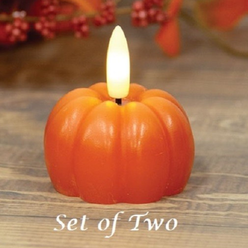 NEW Primitive PUMPKIN LED CANDLES 2 pcs HALLOWEN FALL 2.5″Tx2.5″D Small Orange