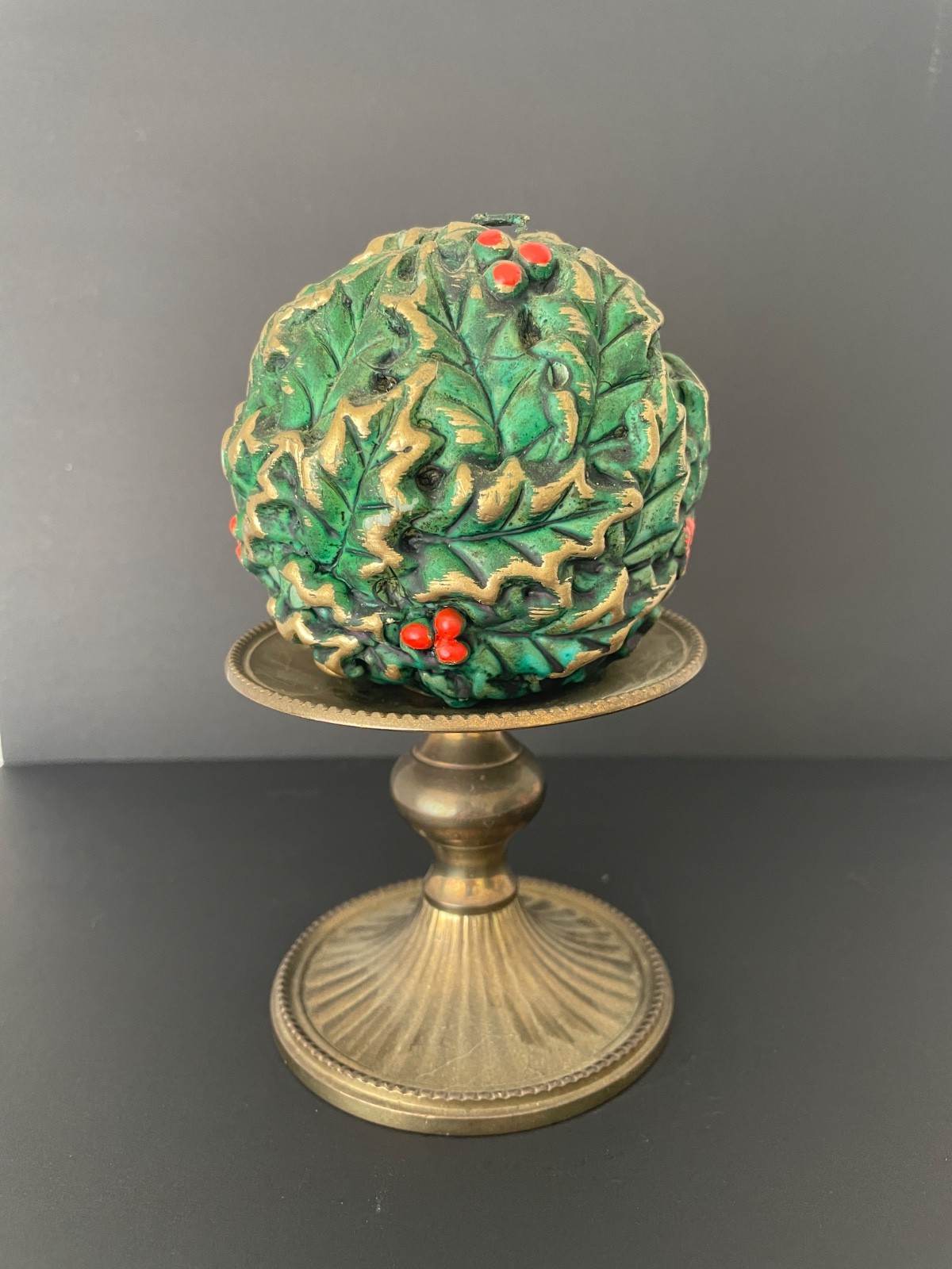 Pier One Christmas Holly Berry Ball Textured Sphere Candle w/Brass Holder