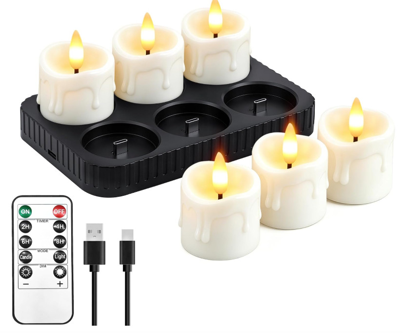 6 Pcs Rechargeable Tea Lights Candles with Charging Base and Remote Timer | 1.5″