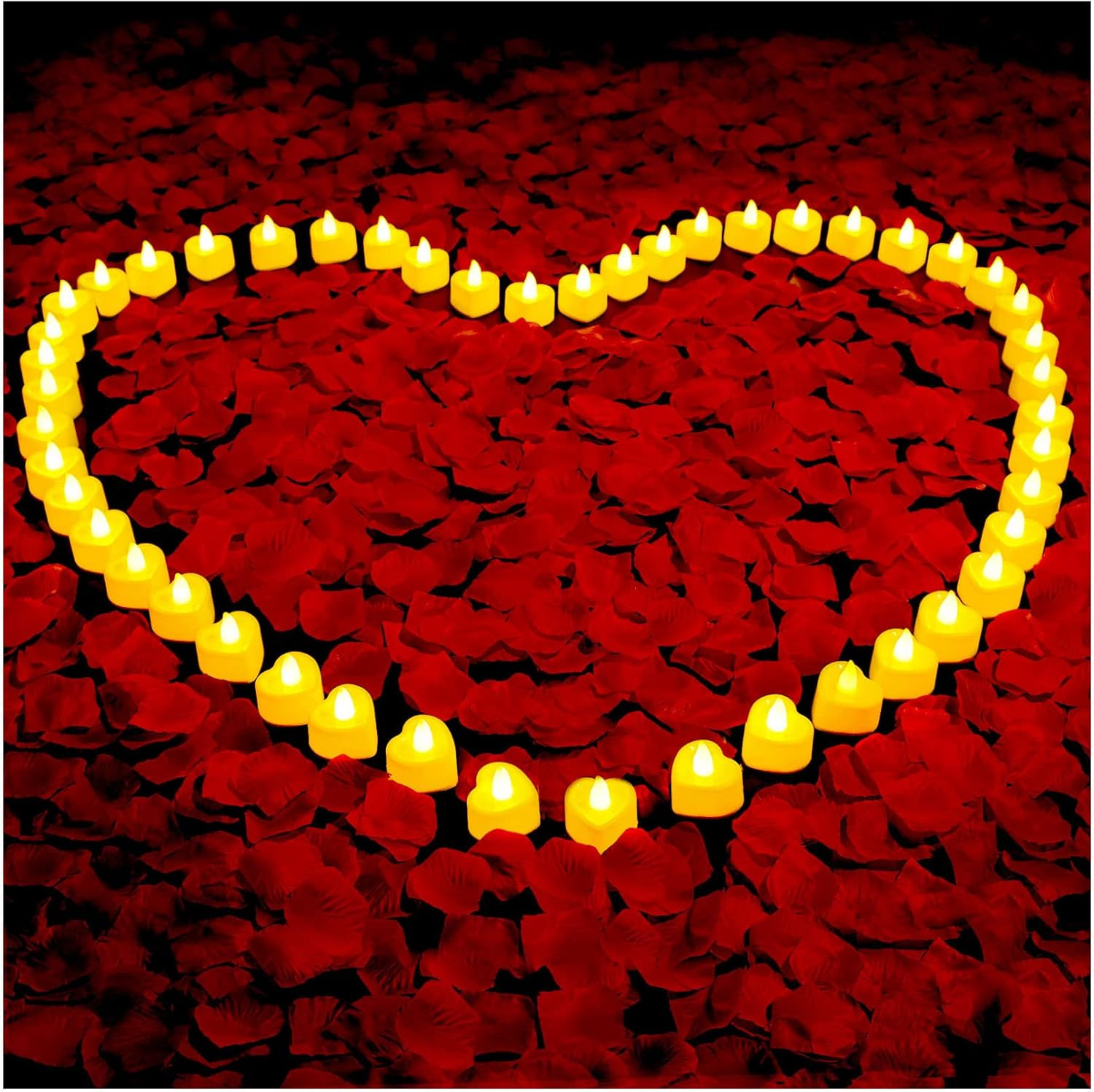 3000 piezas de pétalos de rosa artificiales con 48 piezas de llamas de corazón