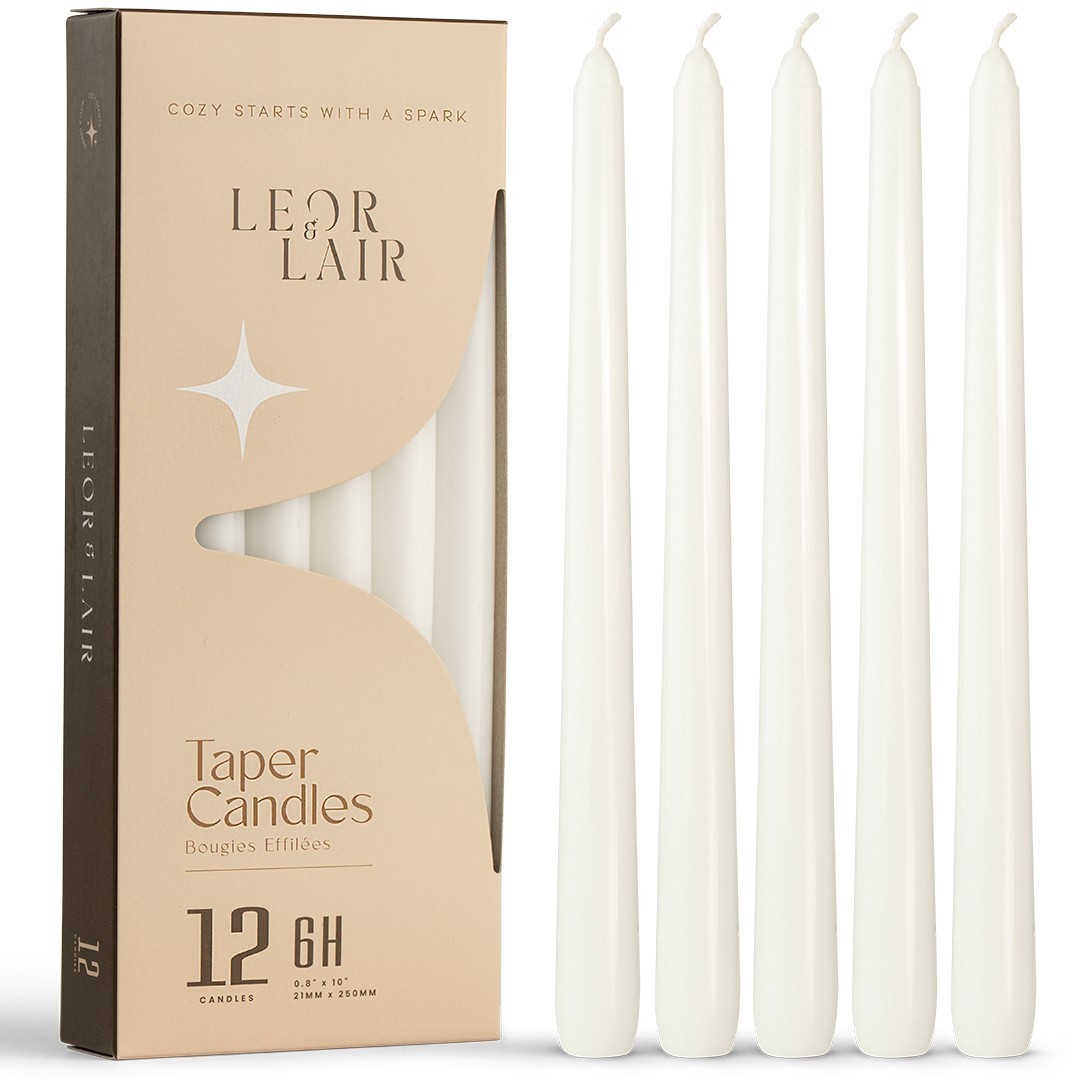 Leor & Lair Taper Candles – 12 Pack – 10″ Tall Candlesticks, Unscented, 6+ Hours