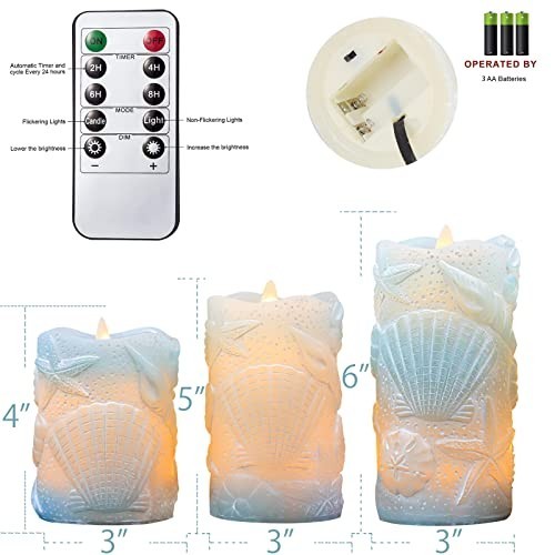 Ocean Blue Flameless Candles Flickering Wick Real Wax Shell LED Candles with Rem