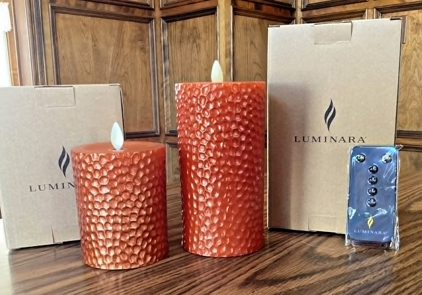 Luminara S/2 Flameless 4″& 6″ Metallic Hammered Pillar Set In AUTUMN – FREE SHIP
