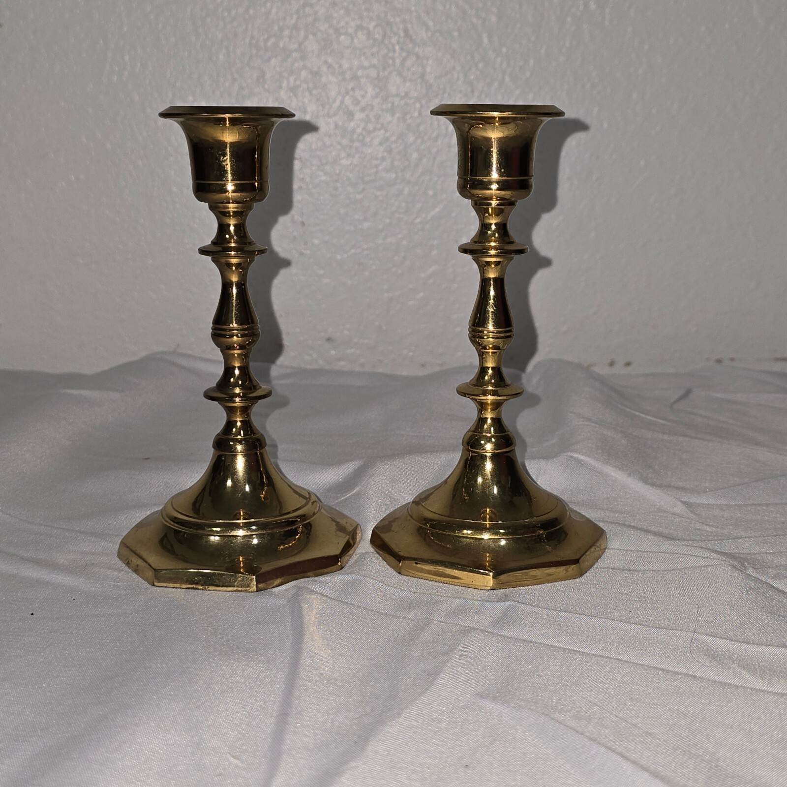 Vintage Solid Brass Taper Candlestick Holders Pair Octagonal Base Made in India
