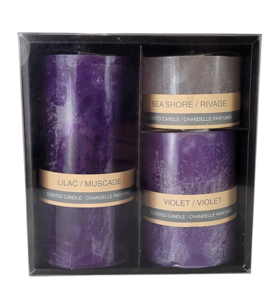 Pier 1 Imports Set of 3 Purple Pillar Candles Lilac, Sea Shore, Violet 6″ 4″ 2″