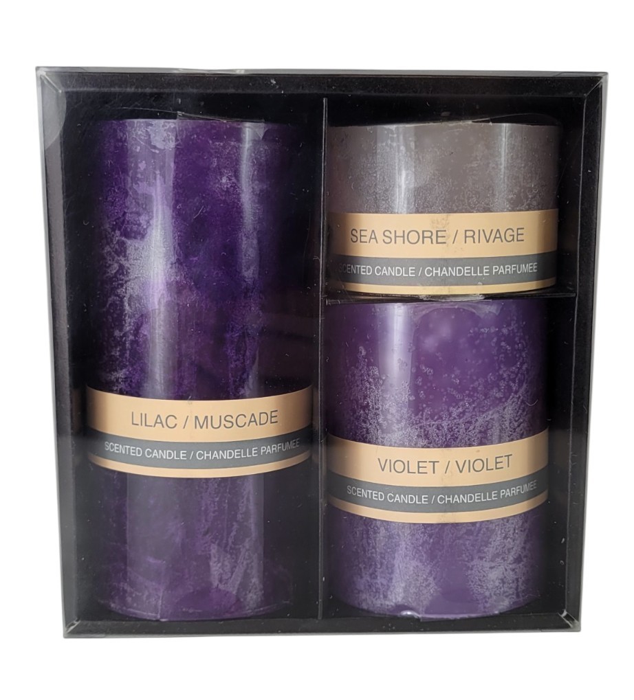 Pier 1 Imports Set of 3 Purple Pillar Candles Lilac, Sea Shore, Violet 6″ 4″ 2″