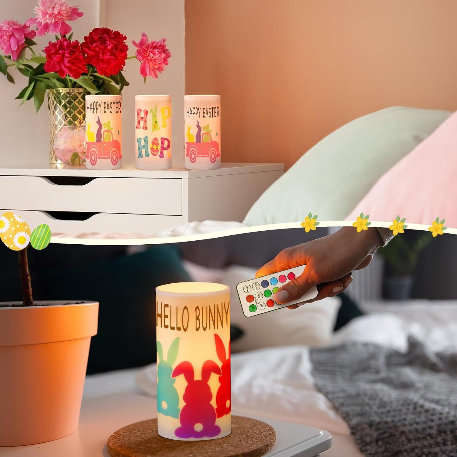 3 Pcs Pastel Easter Flameless LED Candles Battery Operated Bunny Spring Flickeri