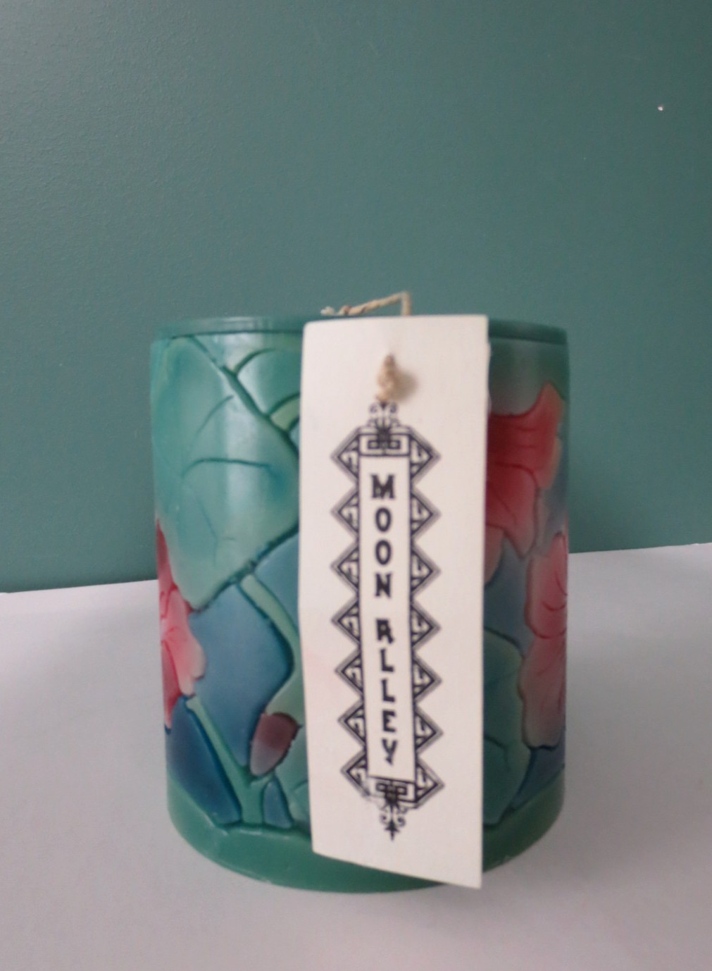 MOON ALLEY – New Teal w/ Pink Peony Pillar Candle – Size Small – 3 3/4″ T