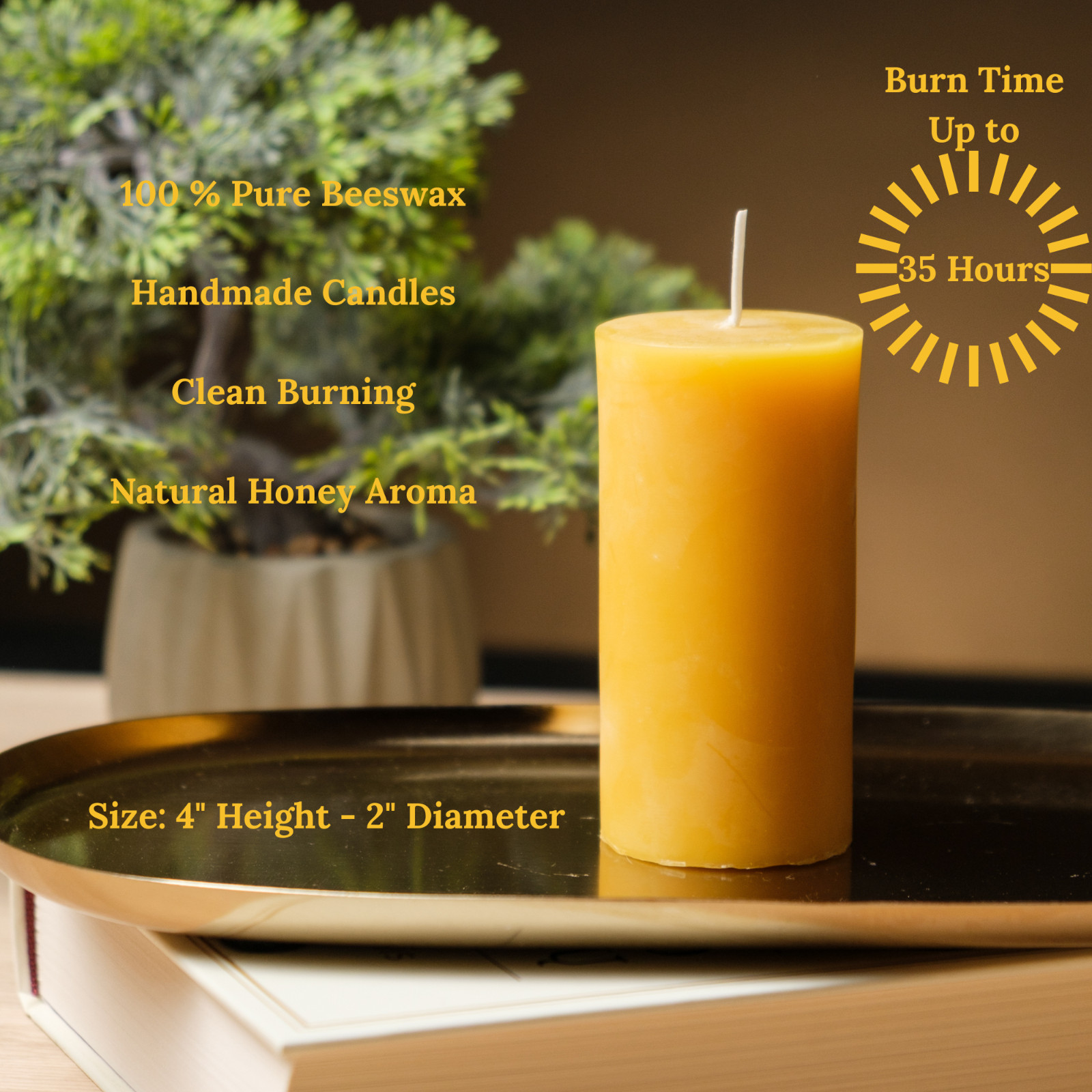 4 Pack 100% Beeswax Pillar Candles 2×4 in Unscented Natural Burn 140 Hours