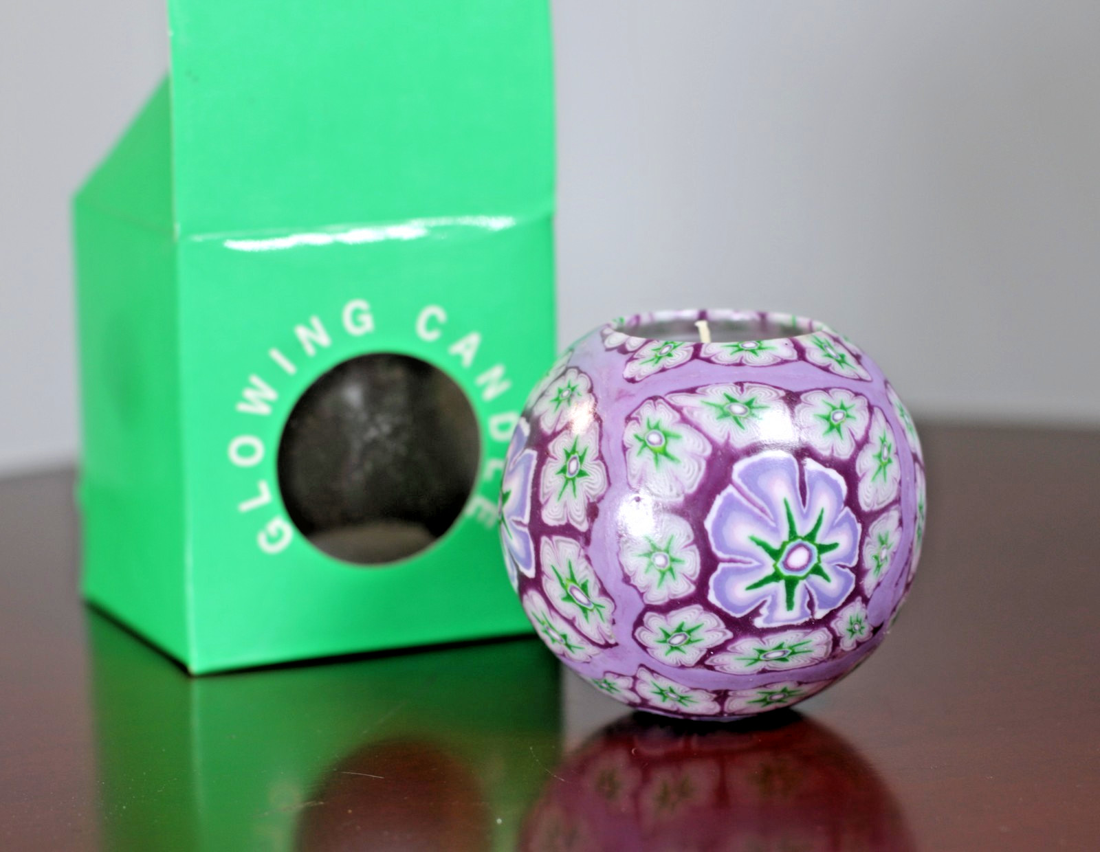 Millefiori Glowing Candle Green Purple Orb Mosaic Flower Psychedelic 90s NOS