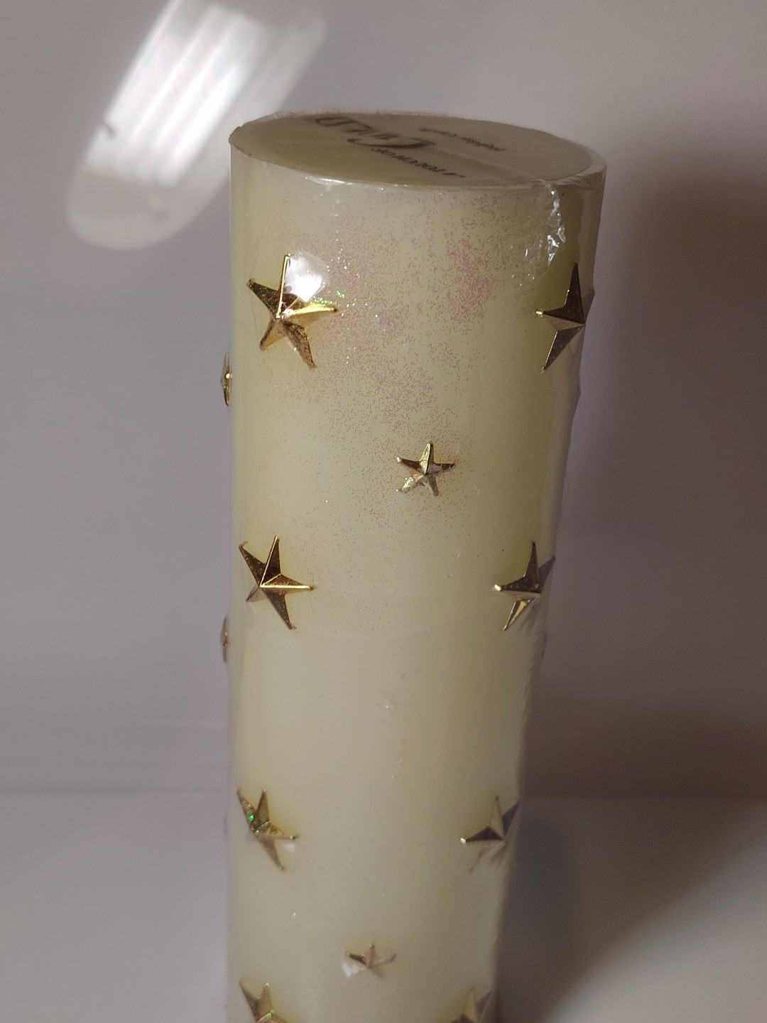 Vintage “A Touch of Gold” Wax Pillar Candle Glitter Cream Gold Stars 9.25″ New
