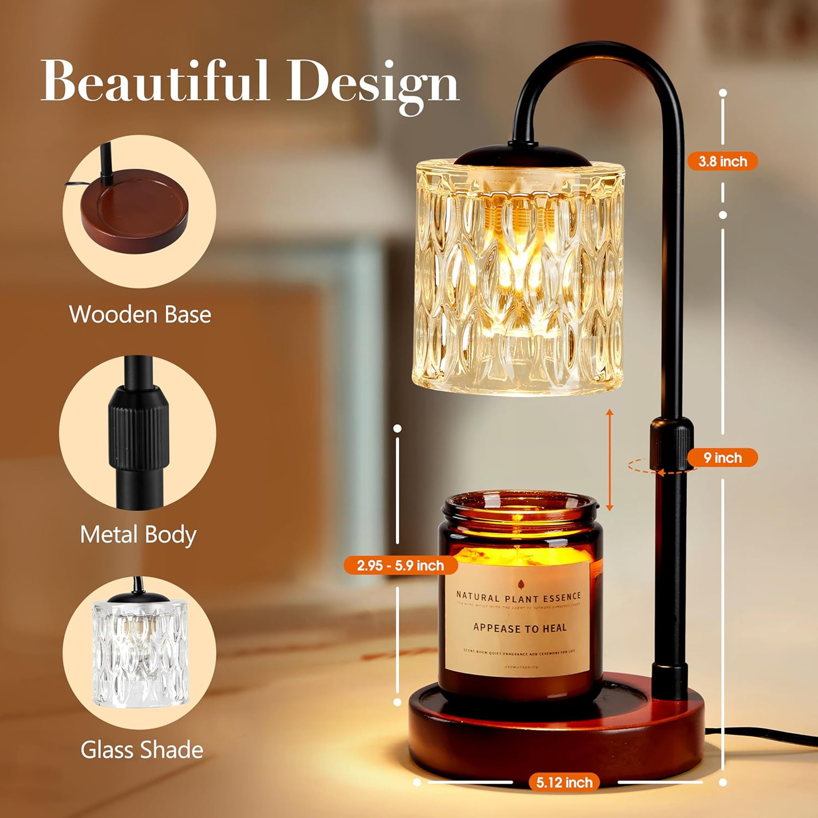Dimmable Candle Warmer Lamp with Timer, Adjustable Height Electric Wax Warmer
