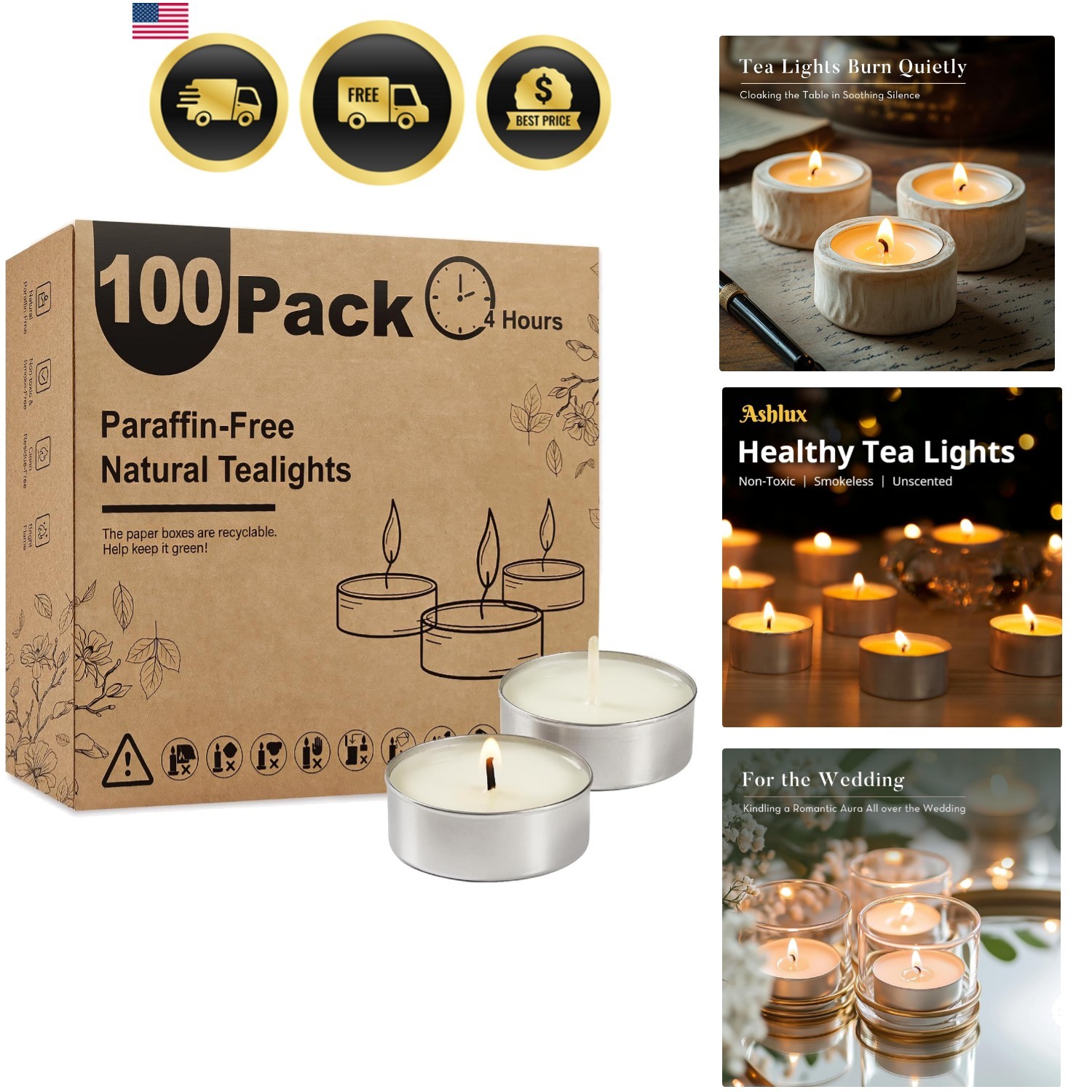 Unscented Palm Tea Lights Candles 100 Pack Bulk, 4.5 Hours Long Burning White…