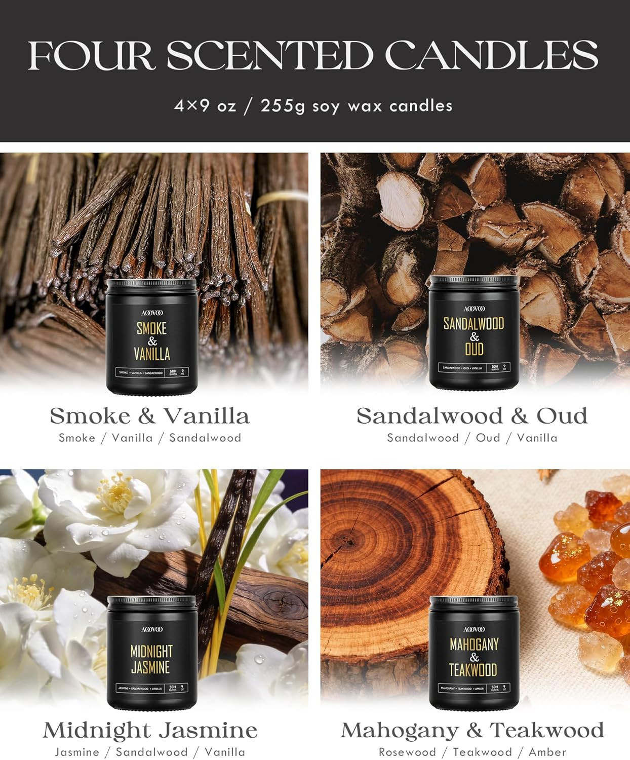 AOOVOO Scented Candles for Men – 4 Pack Candles for Home Scented, 36oz Soy Wax,