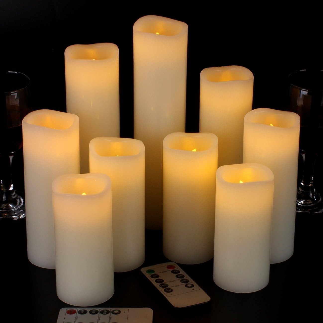 Set of 9 Cordless Ivory Flameless Pillar Candles with Remote Control & Timer