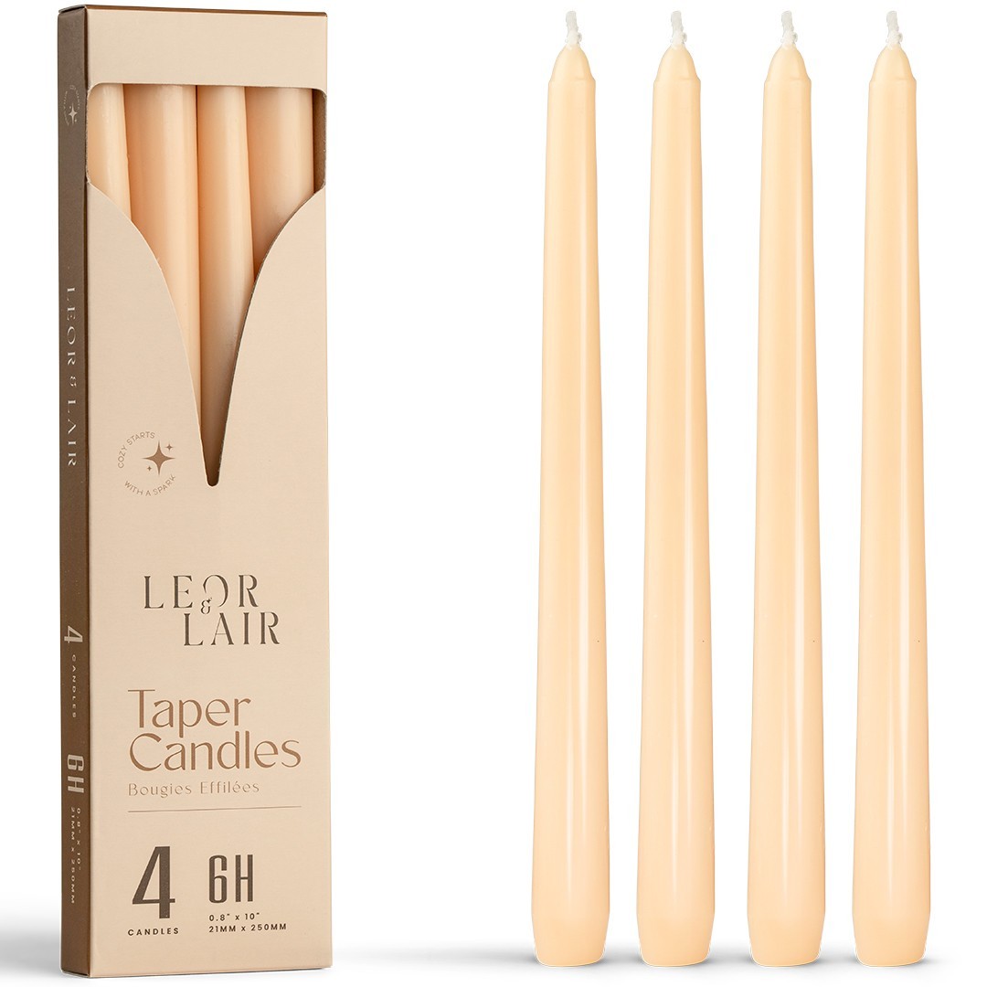 Leor & Lair Taper Candles – 4 Pack – 10″ Tall Candlesticks, Unscented, 6+ Hours
