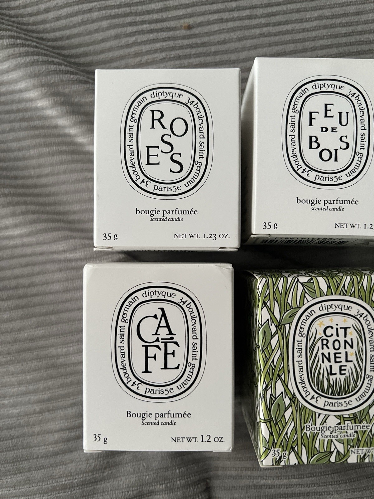 Diptyque Set of 6 Travel 35g Candles: Pinede Citronelle Roses Cafe Feu de Bois