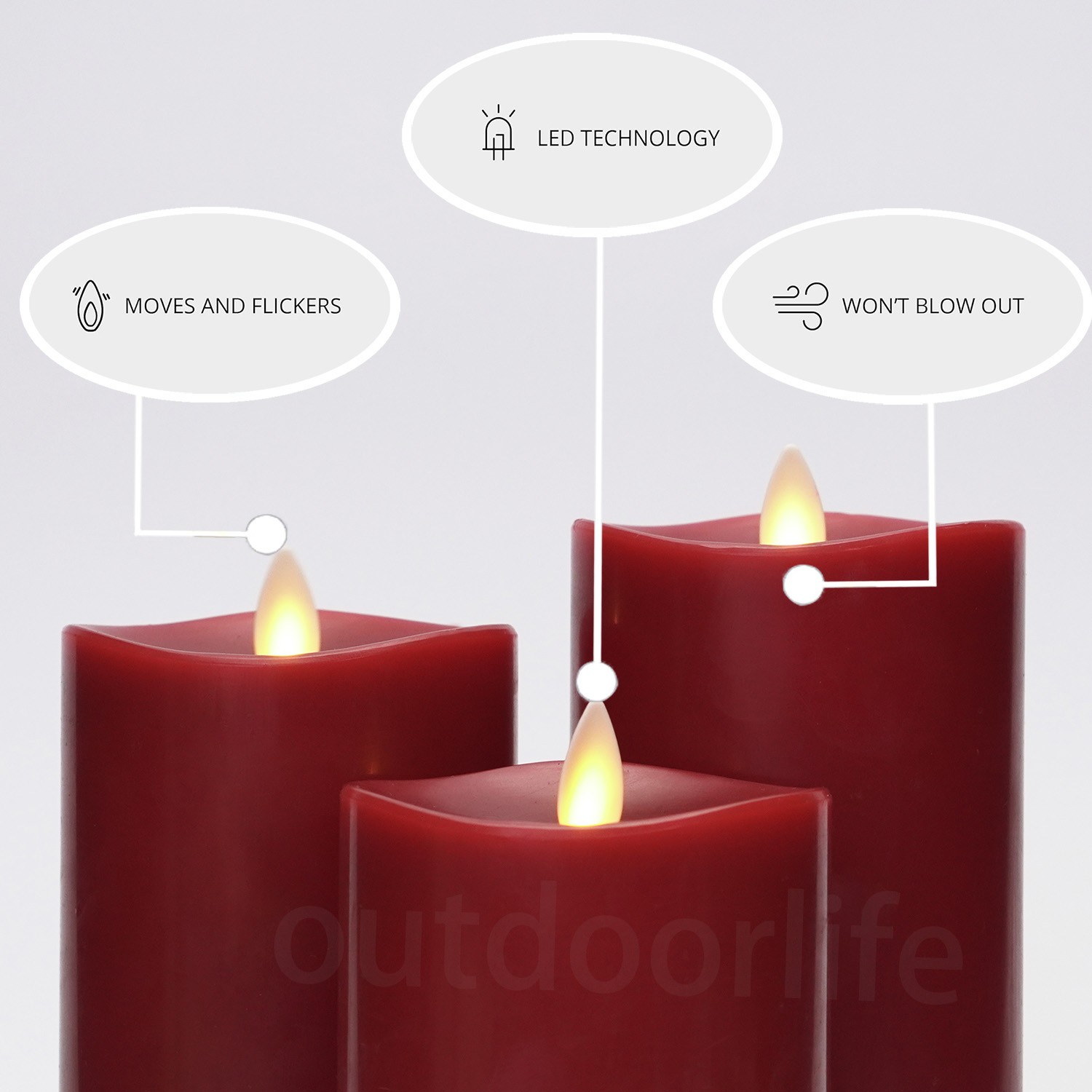 Set of 3 Luminara Flameless Moving Flame Pillar Wax Candles with Remote Burgundy