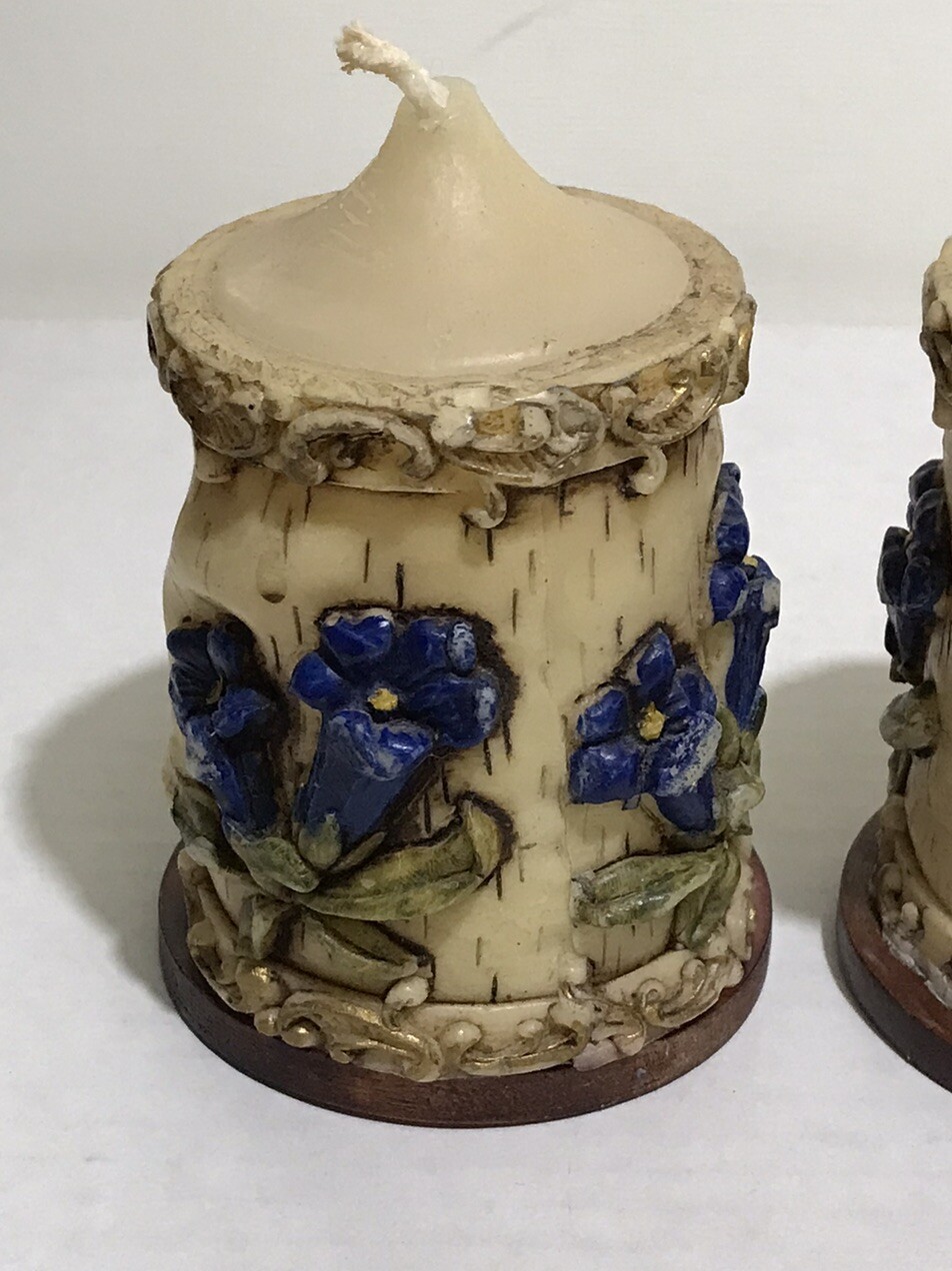 Vintage Set Of 2 Carved Flower Pillar Candles Hand Painted With Wood Base