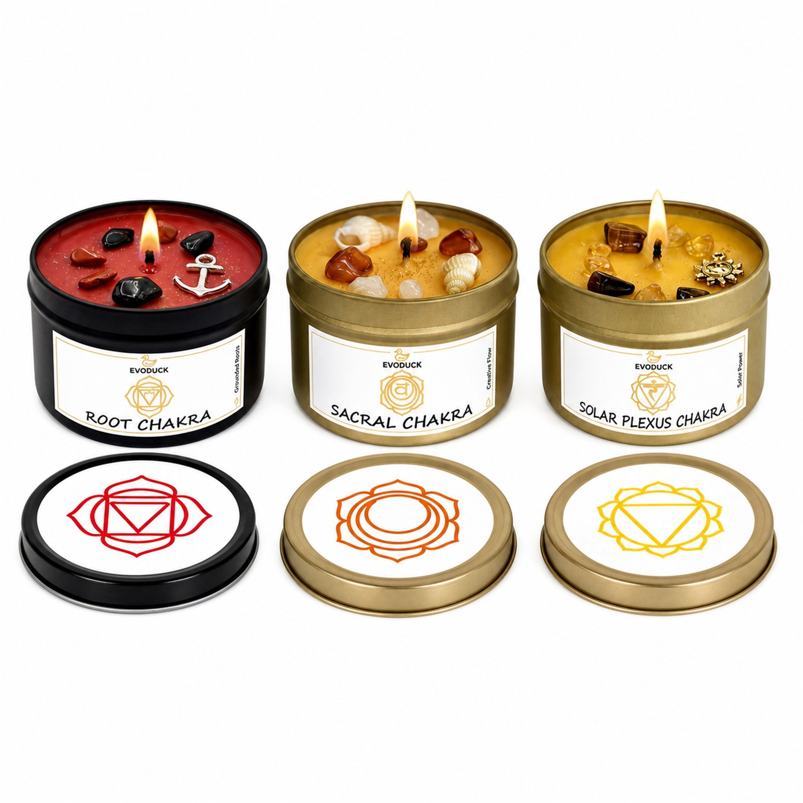 3-Piece EVODUCK Lower Chakra Healing Candle Set, Crystals, Balance Chakras