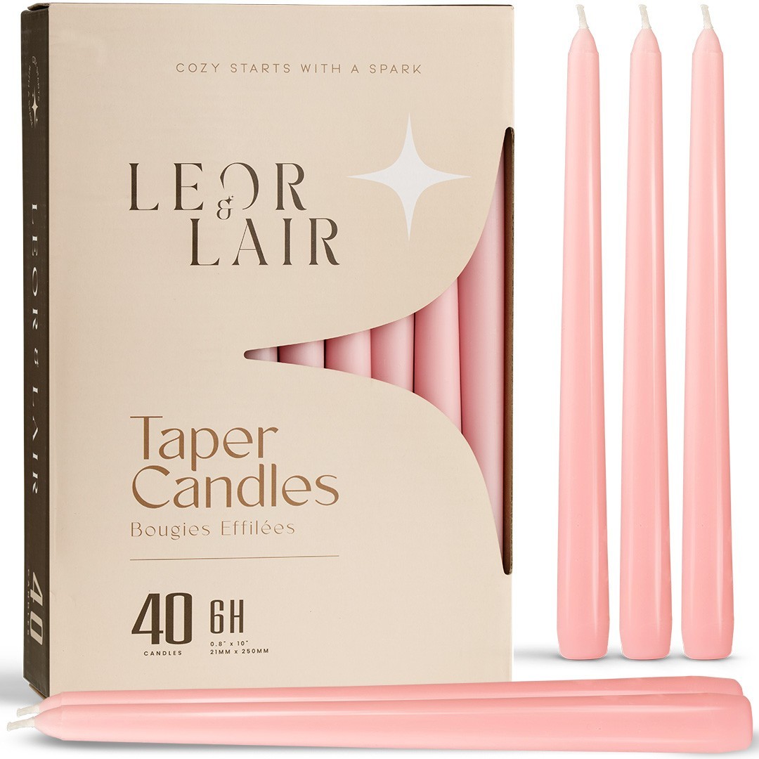 Leor & Lair Bulk Taper Candles – 40 Pack – 10″ Tall Candlesticks, 6+ Hours Burn