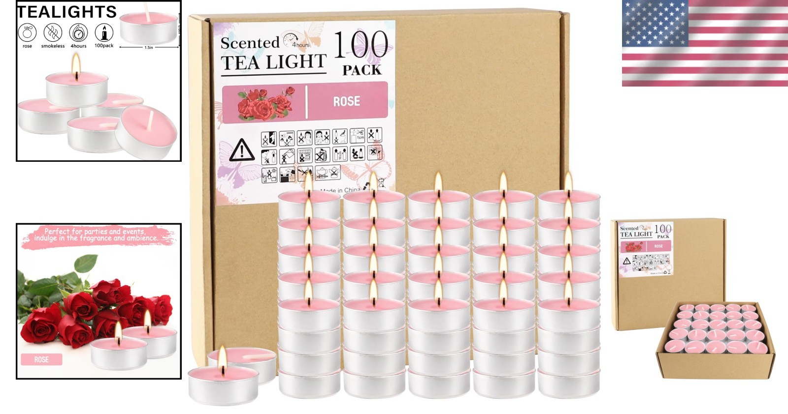 Pink Rose Scented Tea Light Candles Bulk 100 Pack Long Lasting Indoor Decor