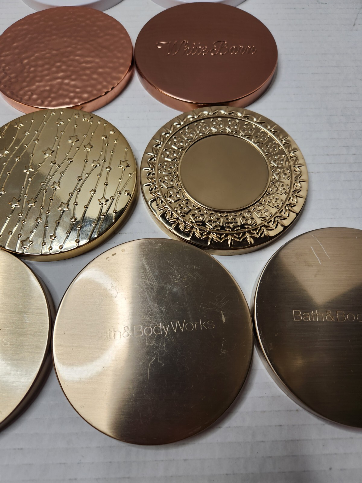 Bath & Body Works 3 Wick Candle Lids White Rose Gold Hammered Copper Metal Star
