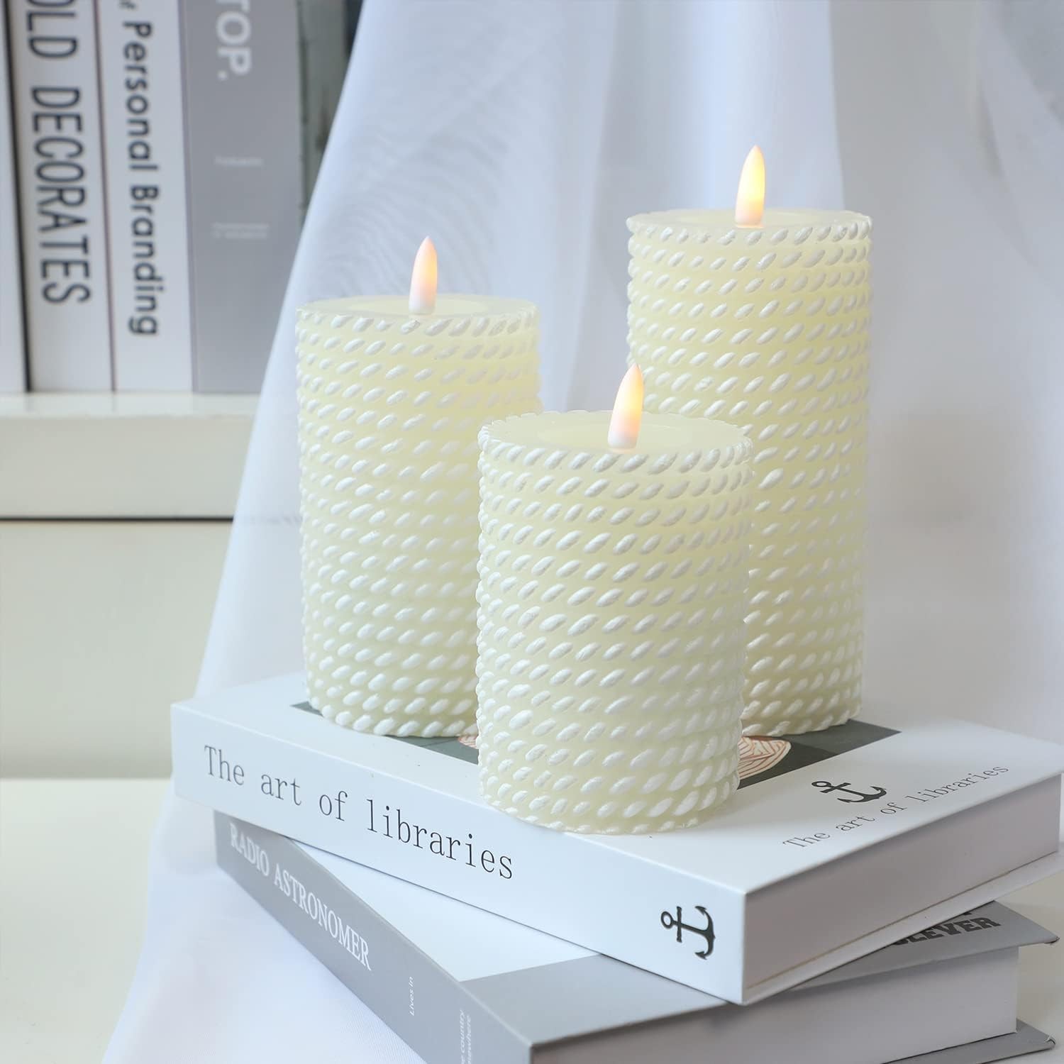 White Flameless Candles,Corded Pattern Carving Battery Operated Candles with …