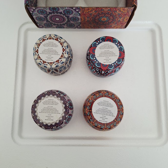 4-Pack Scented Soy Wax Candles in Decorative Mandala Tins Gift Set 4.4oz Each