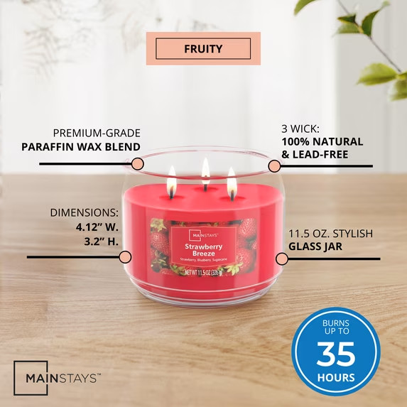 2 Pack Strawberry Breeze 3-Wick Scented Glass Jar Candle, 11.5 oz Free Ship