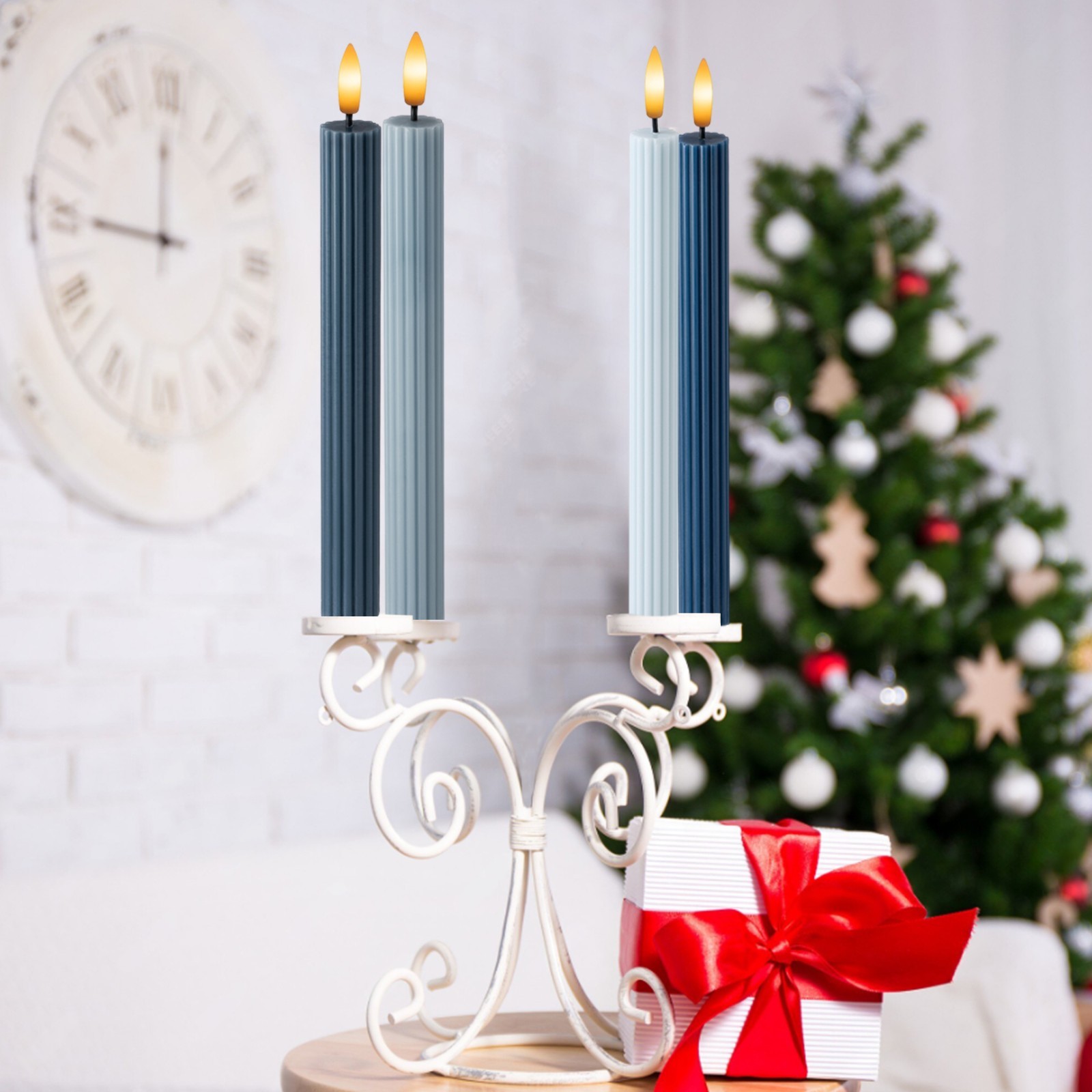 10″ Fluted Ribbed LED Blue Grooved Pillar Candles Remote & 24h Timer Memory