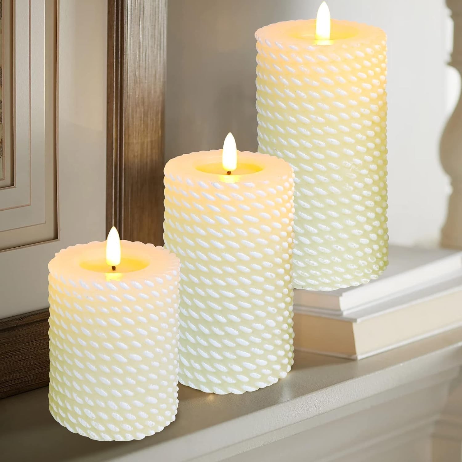 White Flameless Candles,Corded Pattern Carving Battery Operated Candles with …