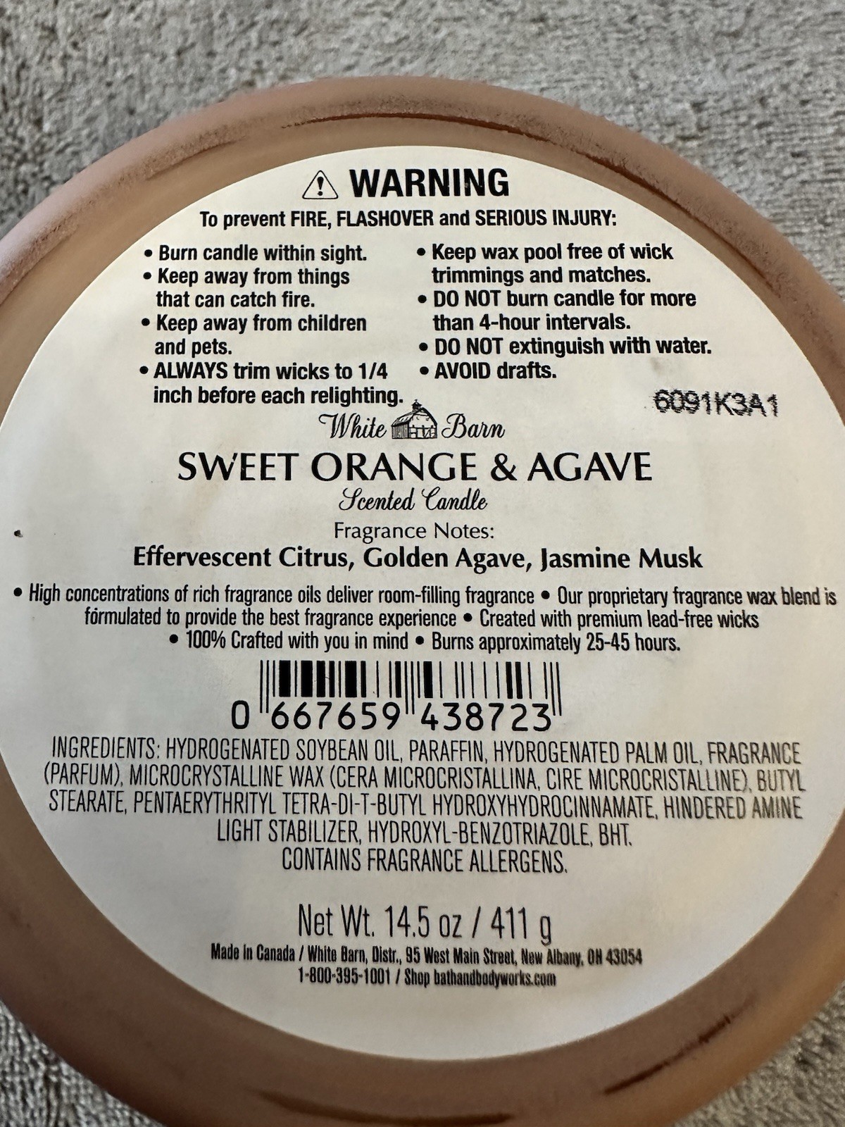 SWEET ORANGE & AGAVE CANDLE LARGE 14.5oz 3 wick Bath Body Works SOY WAX With Lid