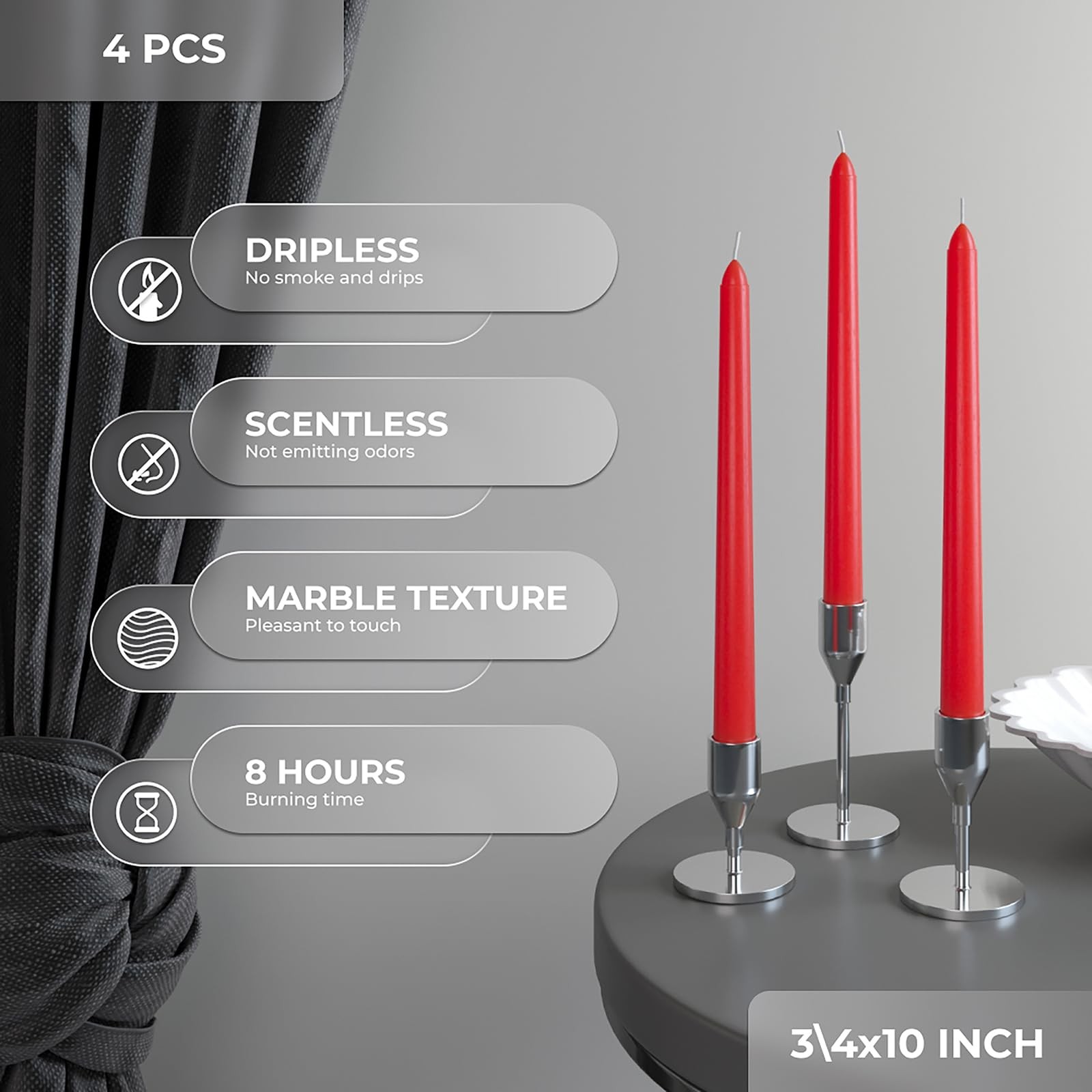 Red Taper Candles Dripless Long Burning Christmas Candlesticks 10 Inch 4 PCS