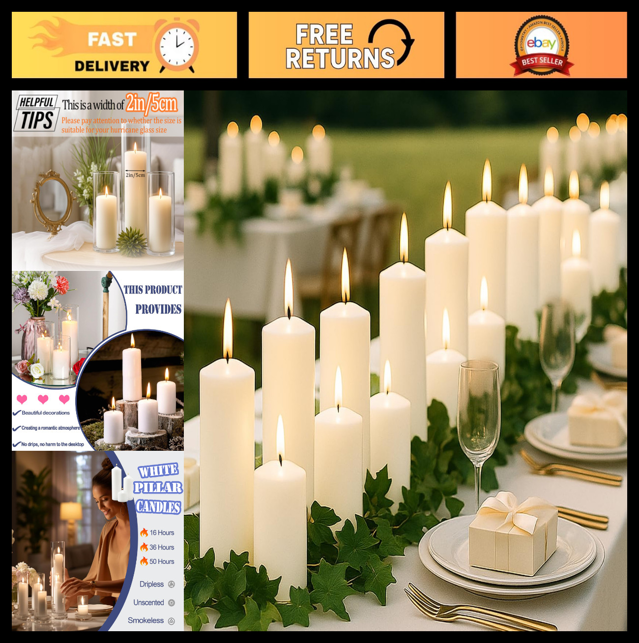 36 Pcs White Pillar Candles Set – 2×3, 2×6, 2×8 Inch, Dripless Unscented for Eve