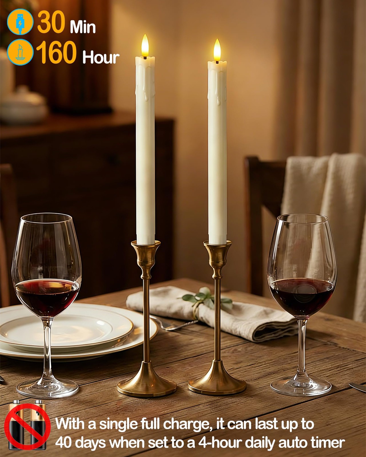 Gmnee 9.6″ Taper Rechargeable Candles Remote And Timer, Ivory FT001