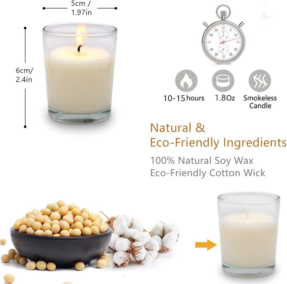 Set of 12 White Votive Candles Clear Glass Filled Unscented Soy Wax Candle for H