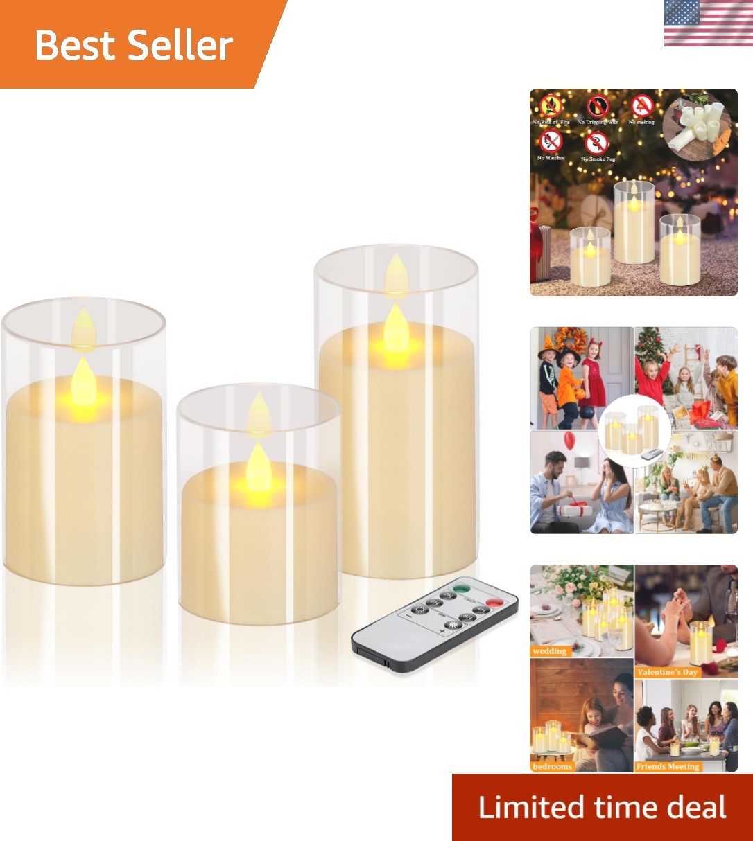 Flameless Candles 4″ 5″ 6″ Acrylic Glass Pillars 3″ Diameter Battery Operated…