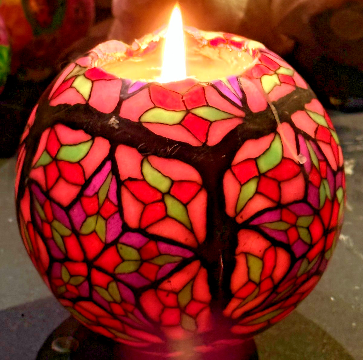 1980’s * VINTAGE LARGE * HAND MADE/PAINTED * GLOW CANDLE * “STAINED GLASS” NEW