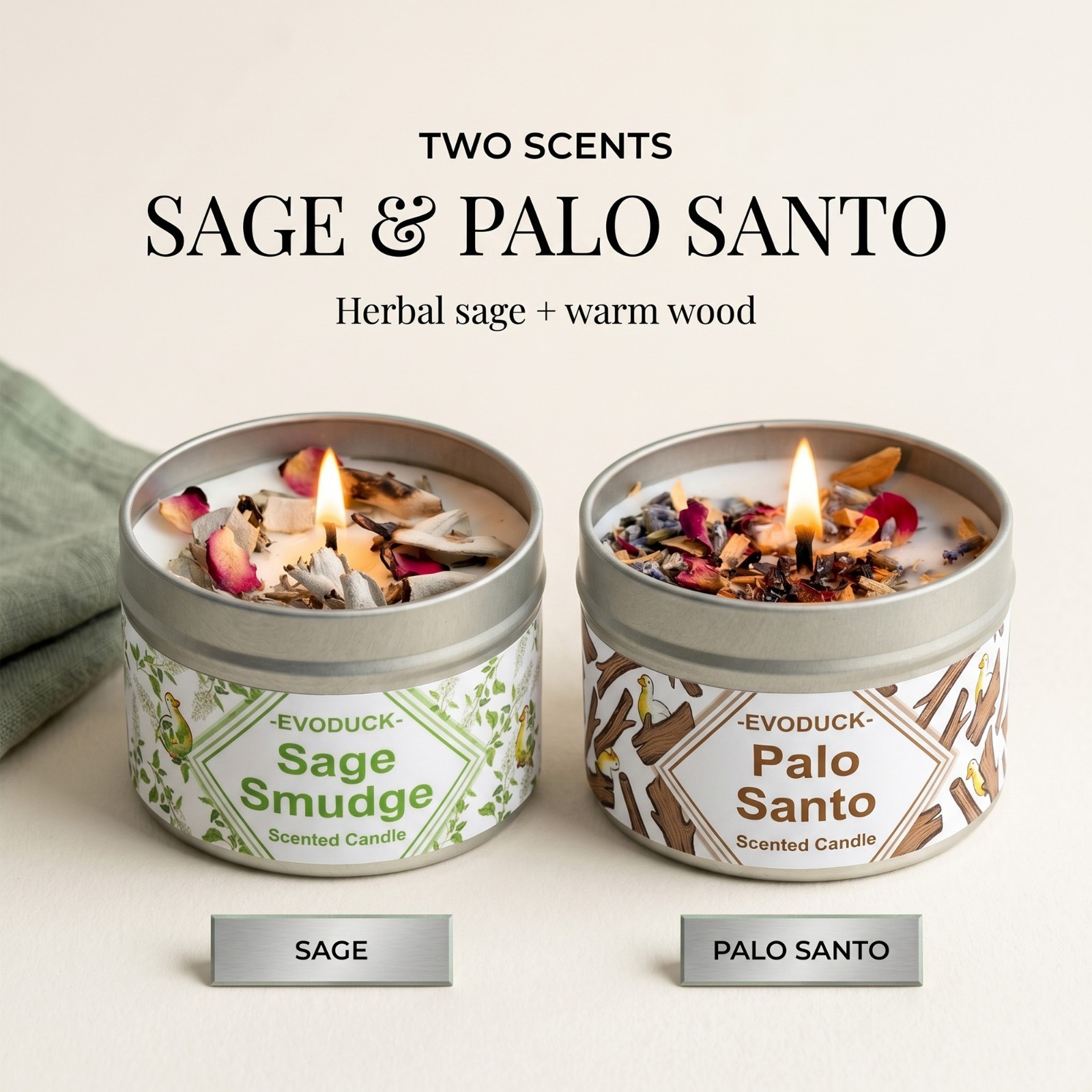 2 Pack Sage & Palo Santo Smudge Candle Soy Cleansing Dried Botanicals Gift Set