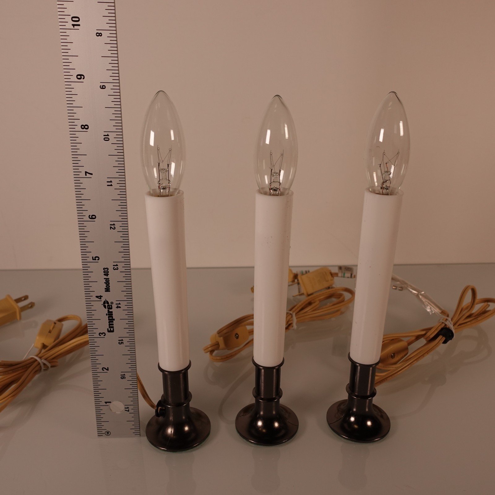 Electric Window Candles Lights Set of 3 Glass Bulb White w/ Black Metallic Base