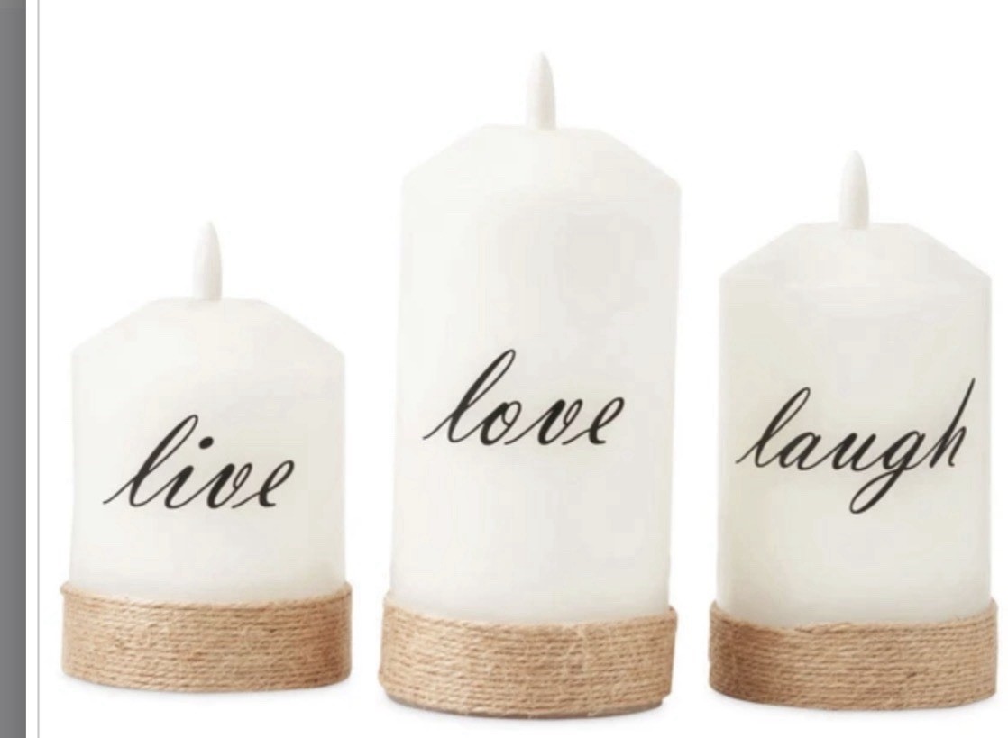 Set of 3 Decorative Flameless LED Candles ‘Live Love Laugh’ White Modern Battery