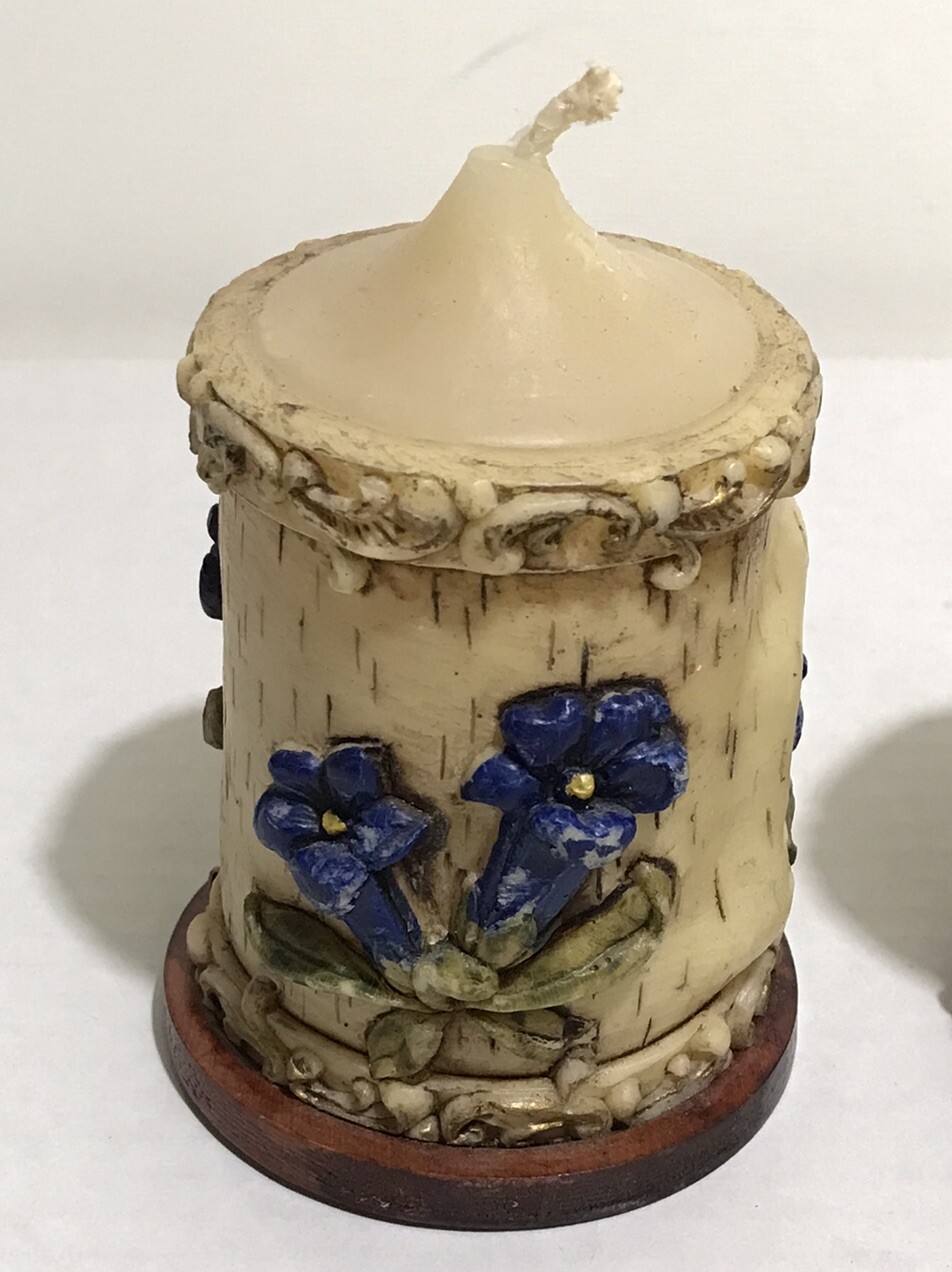 Vintage Set Of 2 Carved Flower Pillar Candles Hand Painted With Wood Base