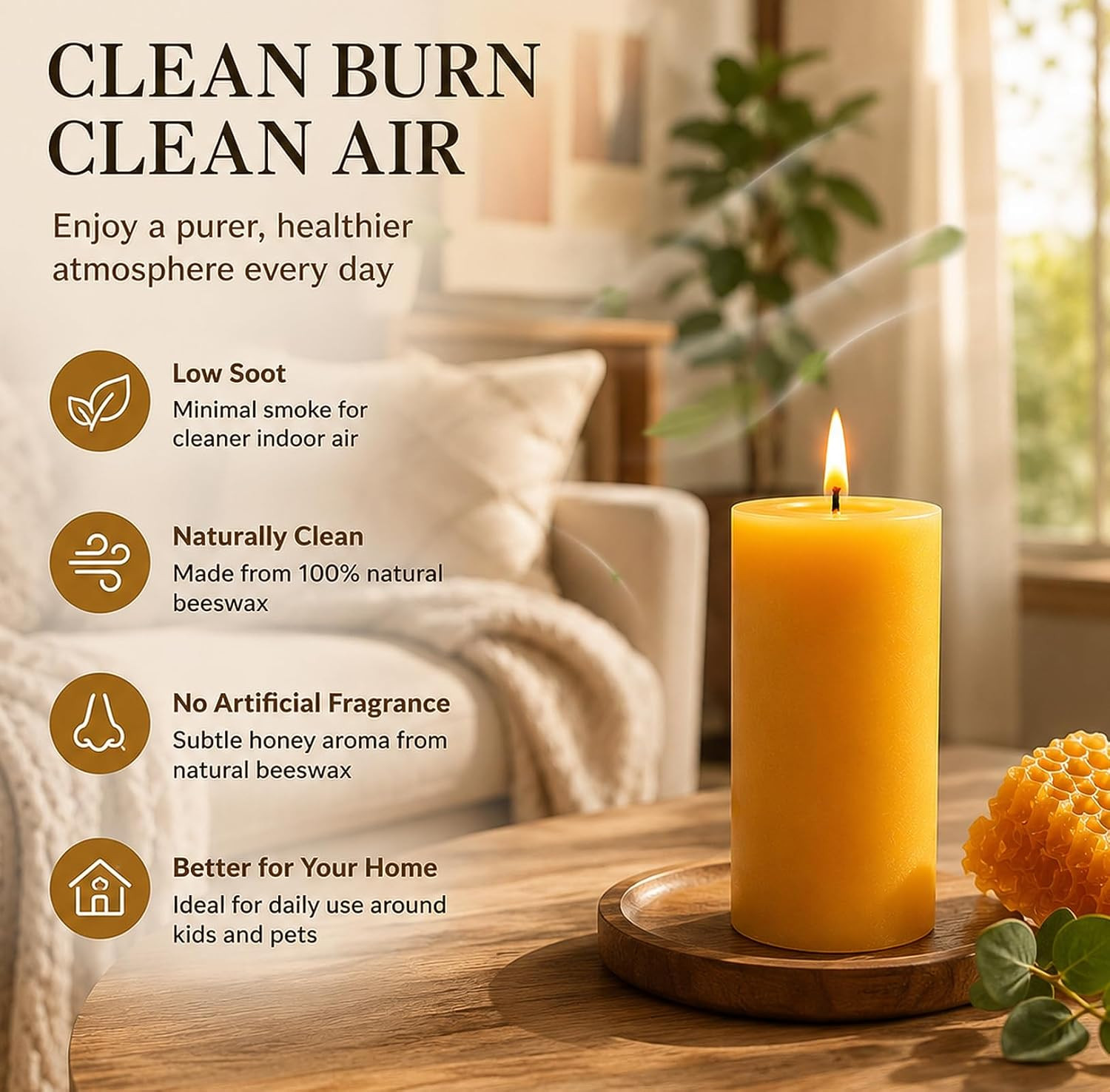 Beeswax Candles Pillar 6 Pack, 2X4 Inch Non Toxic Bees Wax Candle for Home, Long
